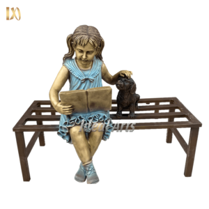 Girl Reading Books on Bench Bronze Statue