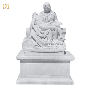 Hand-carved white marble Pietà sculpture depicting the Virgin Mary and Jesus Christ