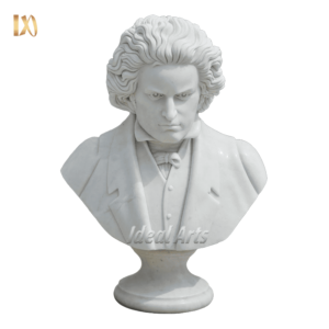 White stone sculpture of intense-looking man in suit and bowtie