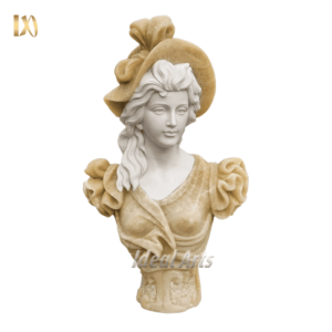 Elegant marble bust of woman in vintage hat and ruffled dress