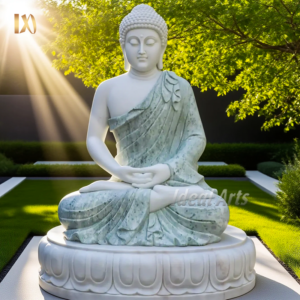 Hand-carved white marble meditating Buddha statue, elegant indoor and garden décor accent.